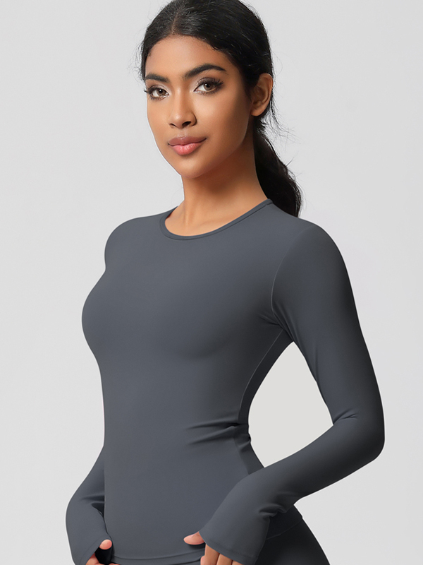 Flexvibe Double-Sided Brushed Sports Top - Tight Fit Moisture-Wicking Solid Color Long Sleeve