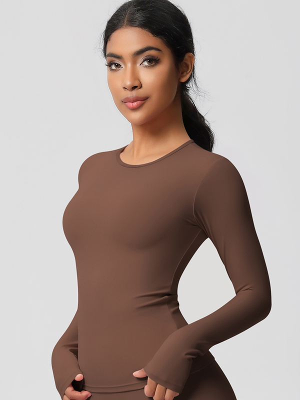 Flexvibe Double-Sided Brushed Sports Top - Tight Fit Moisture-Wicking Solid Color Long Sleeve
