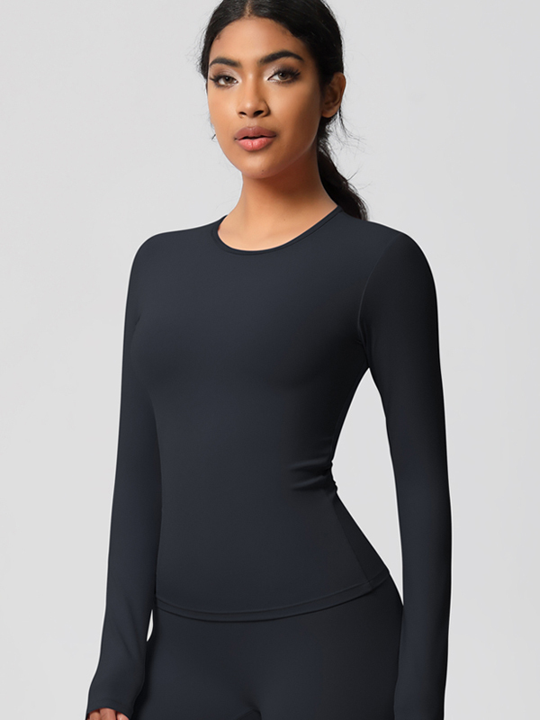 Tight-Fitting Breathable Solid-Color Long-Sleeve Activewear