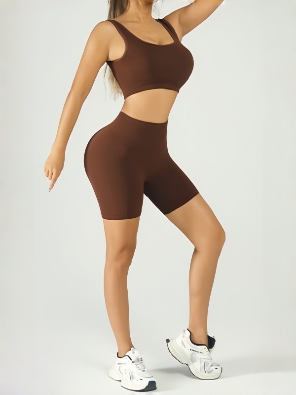 Flexvibe Ribbed Bra High-Waist Short Yoga Set - Stretchy Supportive Moisture-Wicking Activewear