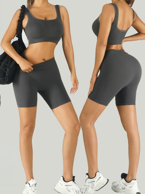 Flexvibe Ribbed Bra High-Waist Short Yoga Set - Stretchy Supportive Moisture-Wicking Activewear
