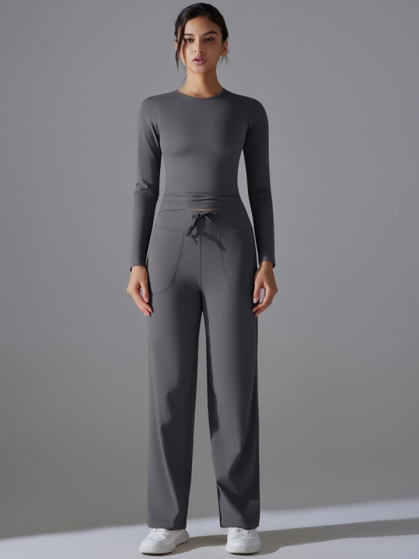 Flexvibe Stretchy Drawstring Wide-Leg Pants Set - Skin-Friendly Long-Sleeve Versatile Athletic Wear