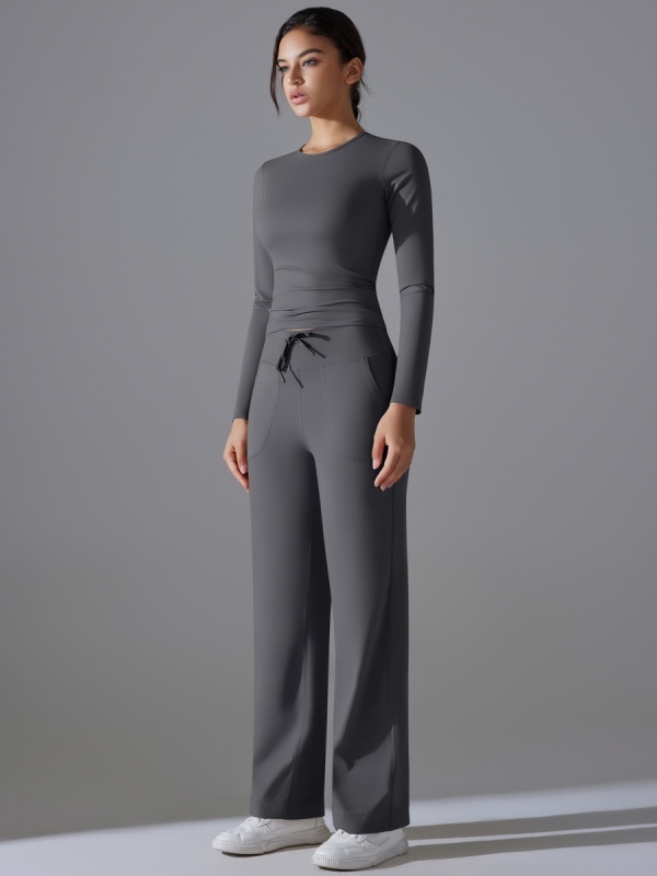 Flexvibe Stretchy Drawstring Wide-Leg Pants Set - Skin-Friendly Long-Sleeve Versatile Athletic Wear
