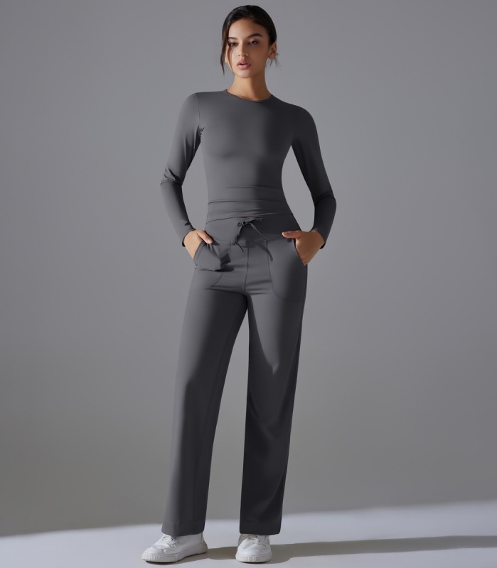 Flexvibe Stretchy Drawstring Wide-Leg Pants Set - Skin-Friendly Long-Sleeve Versatile Athletic Wear