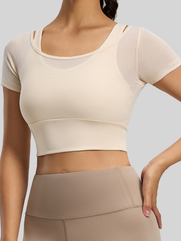 Mesh Paneled Sports Short Sleeve with Removable Cups, Barely-There Feel & High Elasticity, Moisture-Wicking & Sweat-Dispersing