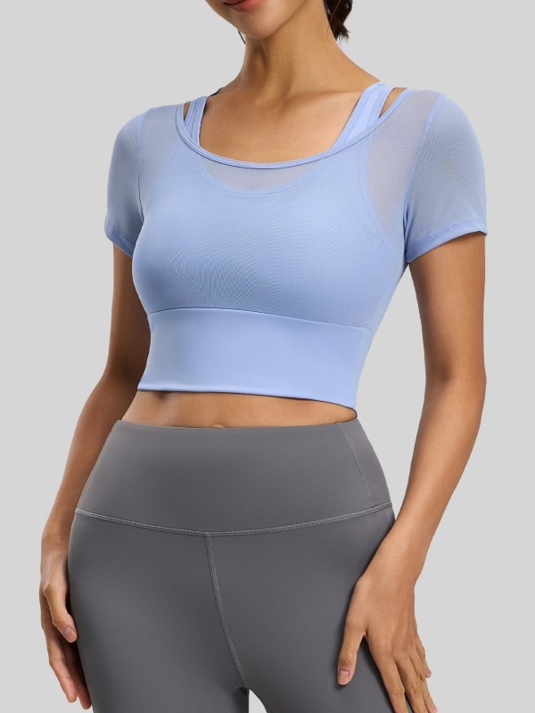Mesh Paneled Sports Short Sleeve with Removable Cups, Barely-There Feel & High Elasticity, Moisture-Wicking & Sweat-Dispersing