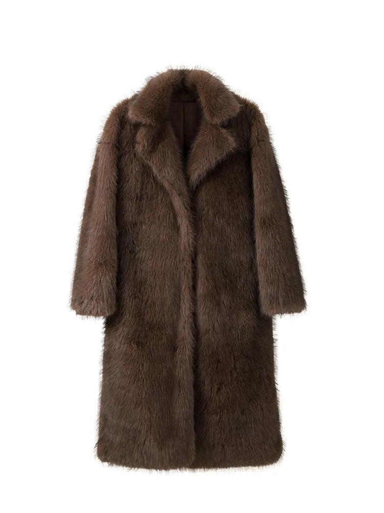 Dark Brown Long Faux Mink Fur Coat