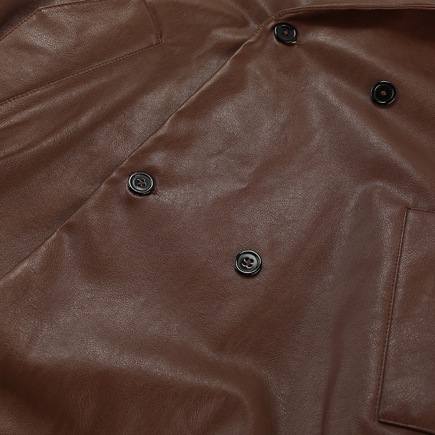 Loose-fitting leather coat with a suit collar