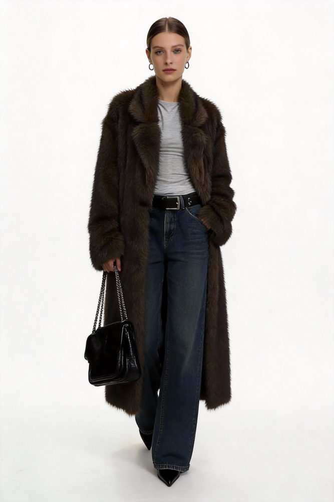 Dark Brown Long Faux Mink Fur Coat