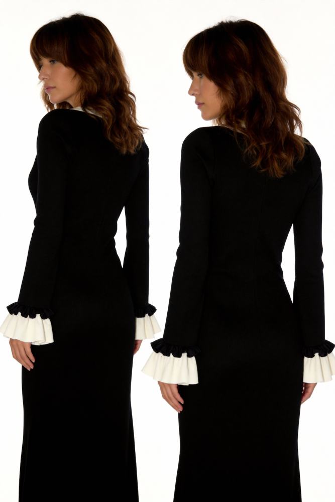 Black & White Trim Knit Midi Dress
