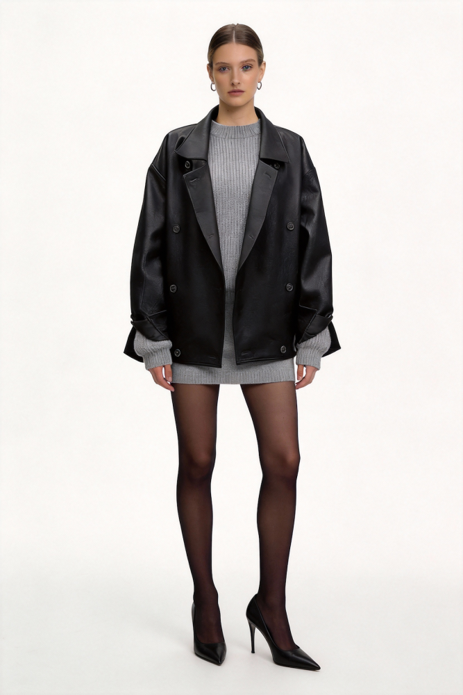Loose-fitting leather coat with a suit collar