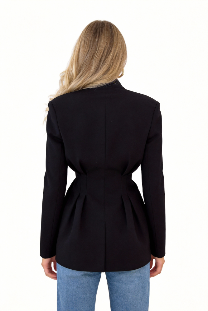 Black Waist-Cinched V-Neck Blazer