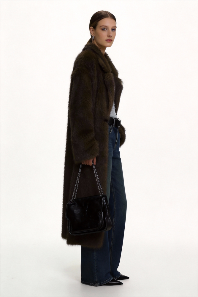 Dark Brown Long Faux Mink Fur Coat