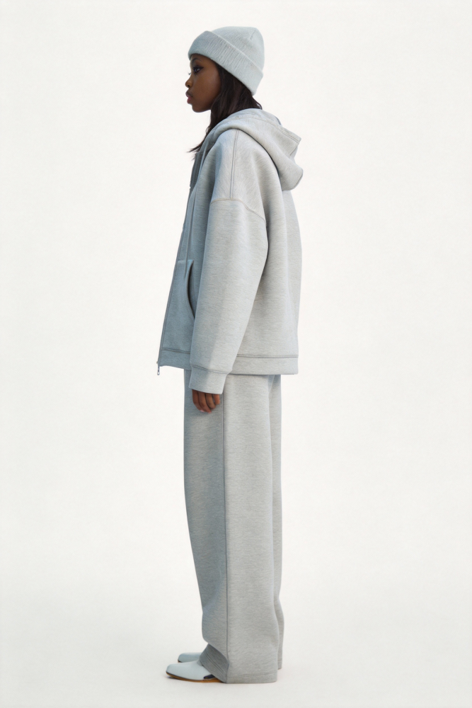Casual zip-up jacket + drawstring wide-leg pants set