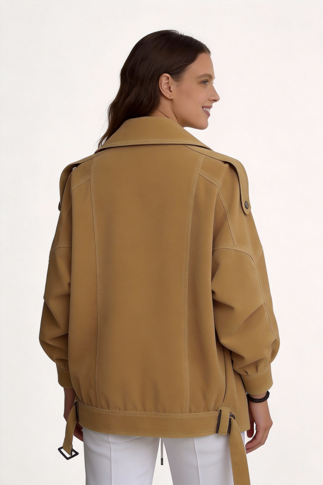 Khaki Suede-Like Stand-Collar Oversized Jacket