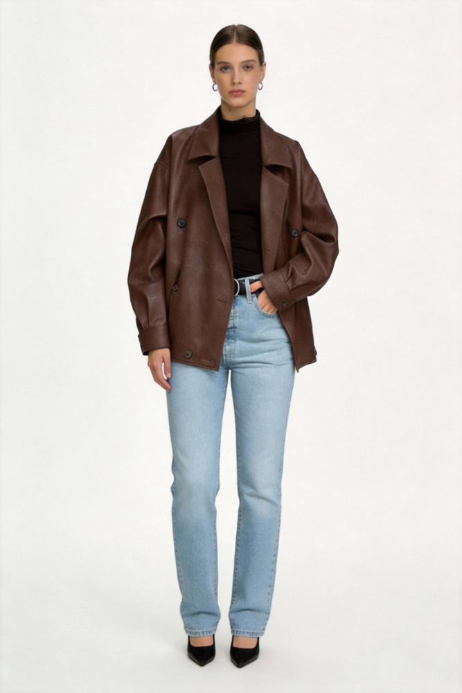 Loose-fitting leather coat with a suit collar