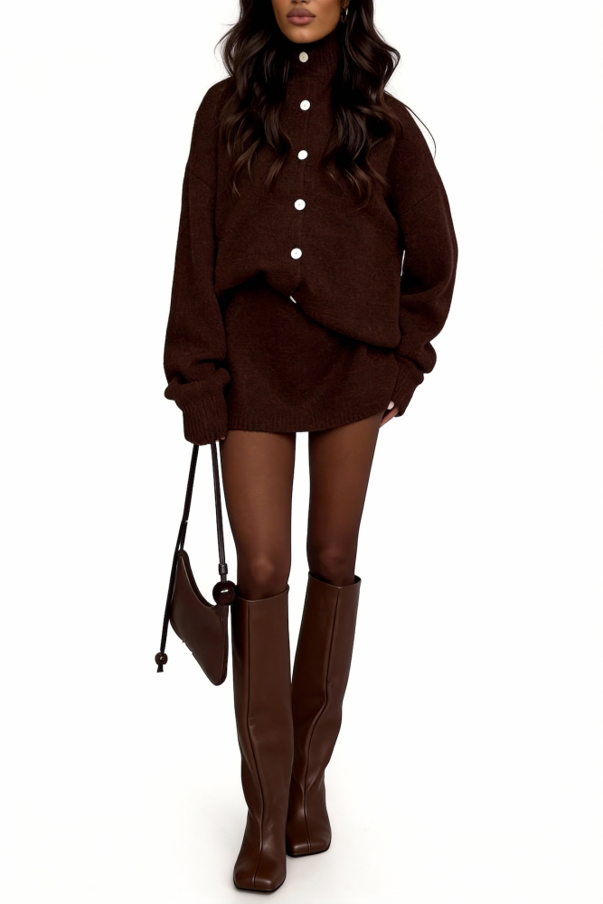 Half-open-front, high-neck knitted dress
