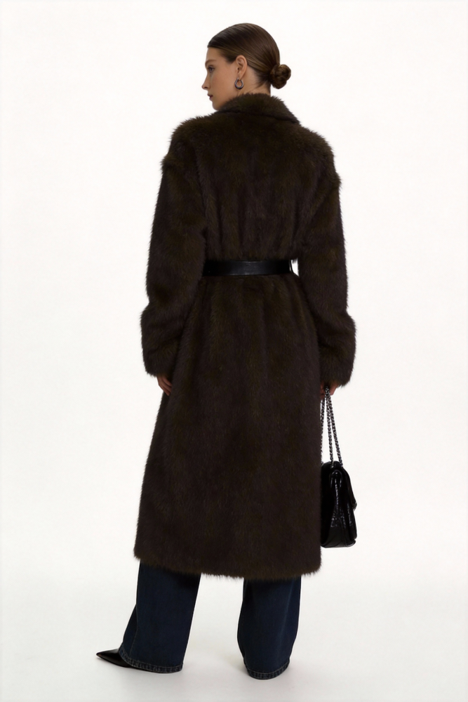 Dark Brown Long Faux Mink Fur Coat