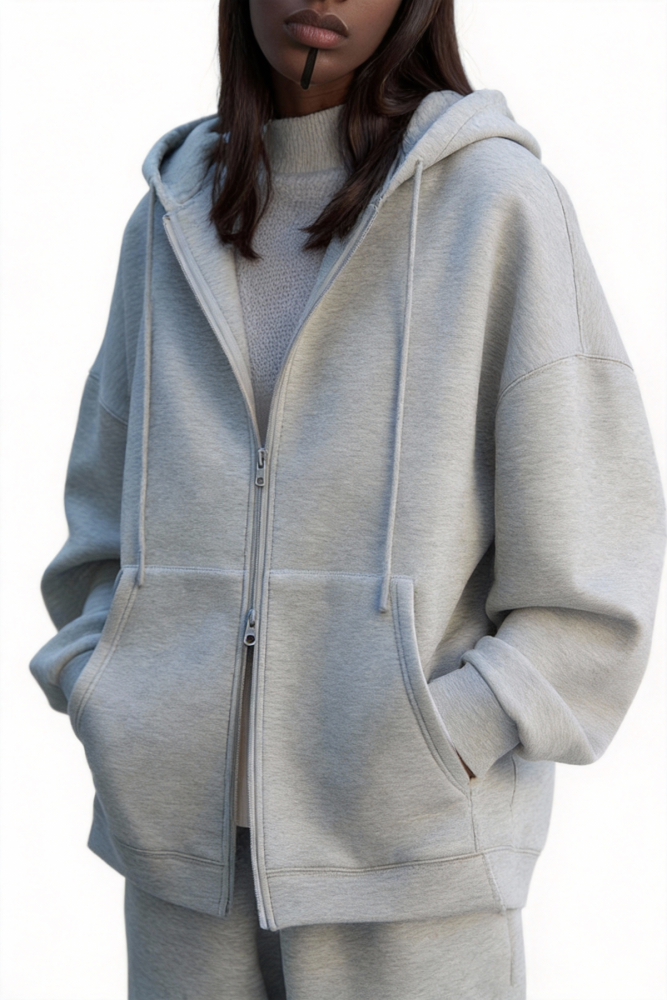 Casual zip-up jacket + drawstring wide-leg pants set