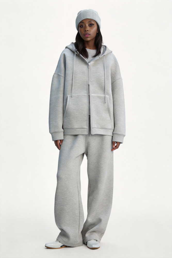 Casual zip-up jacket + drawstring wide-leg pants set