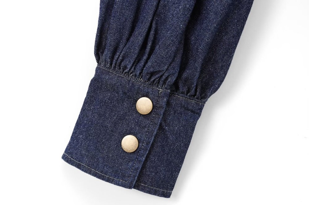 Belted bow-front denim shirt