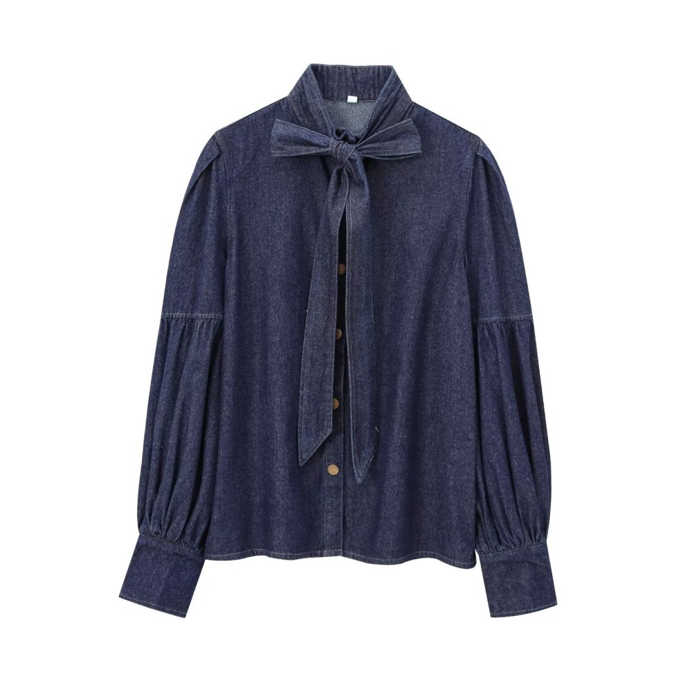 Belted bow-front denim shirt
