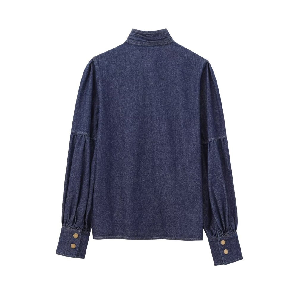 Belted bow-front denim shirt