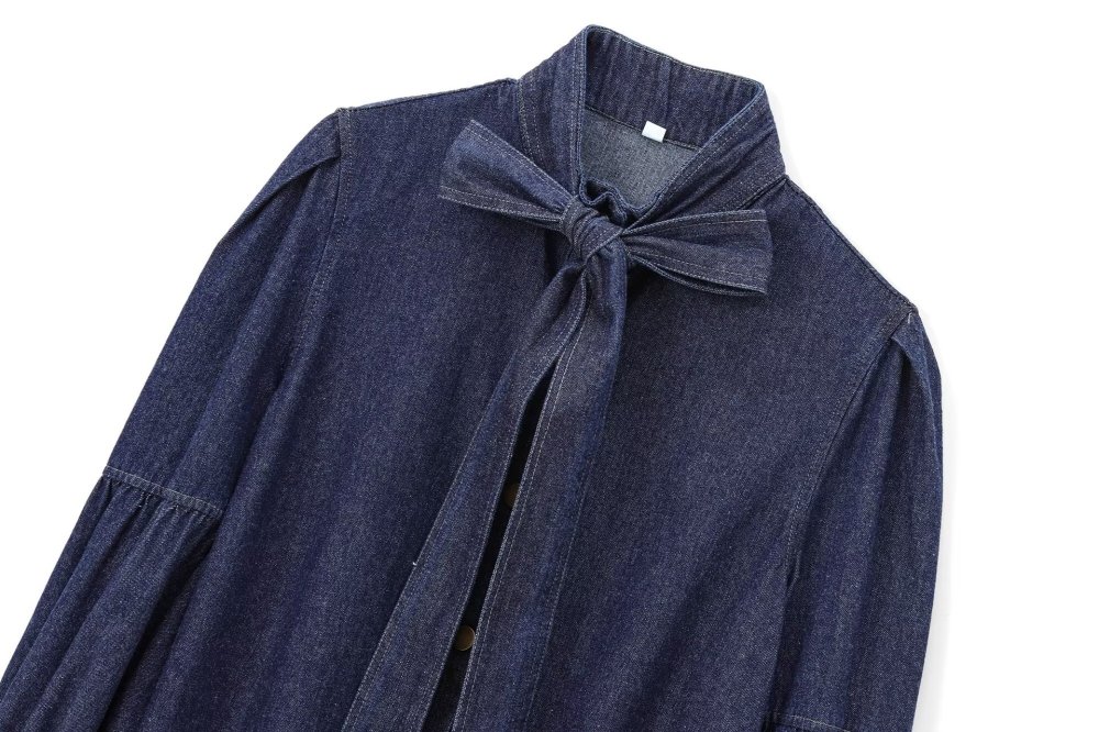 Belted bow-front denim shirt