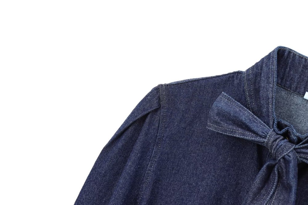 Belted bow-front denim shirt
