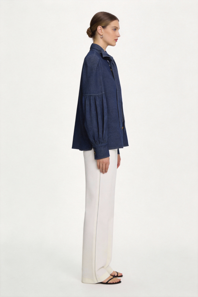 Belted bow-front denim shirt