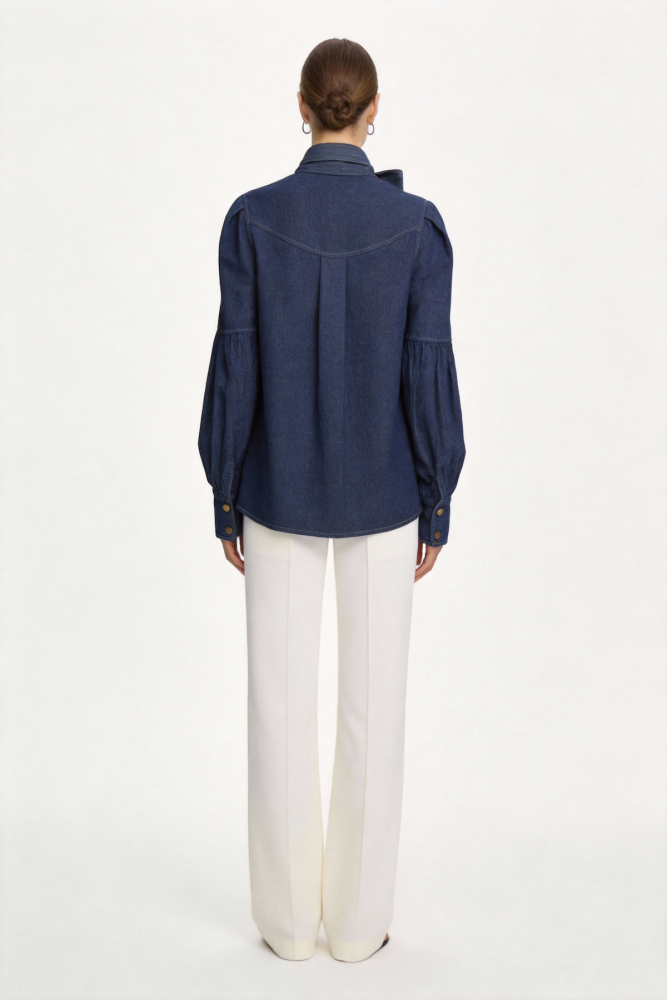 Belted bow-front denim shirt