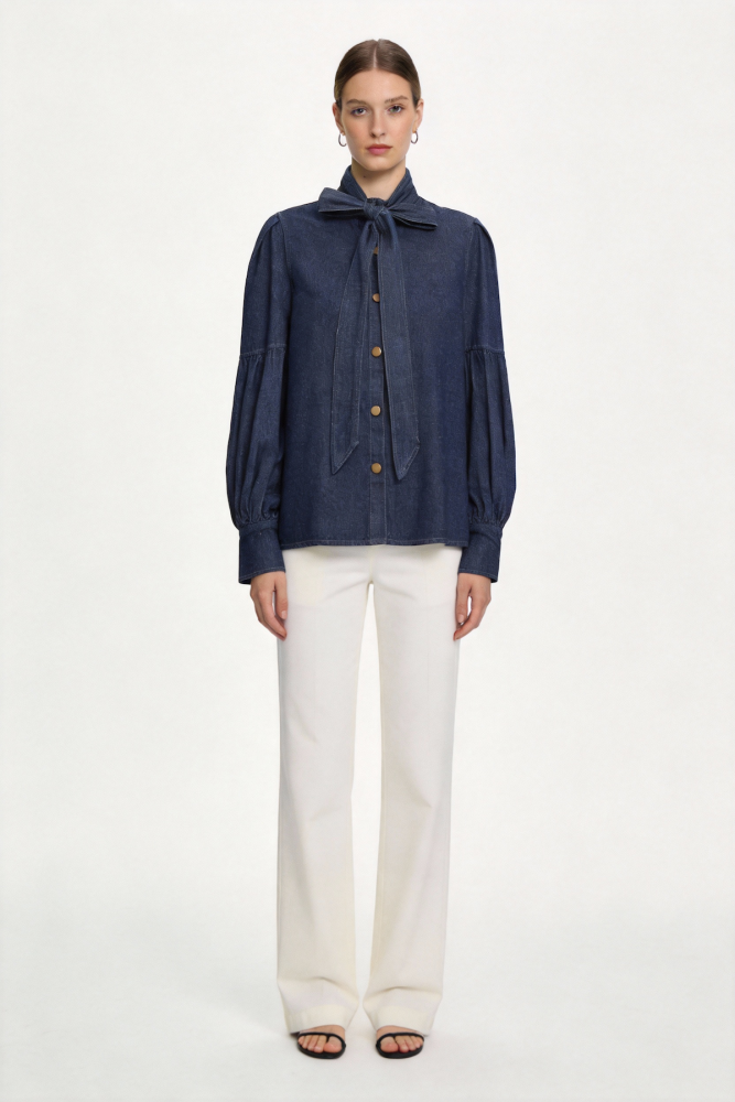 Belted bow-front denim shirt