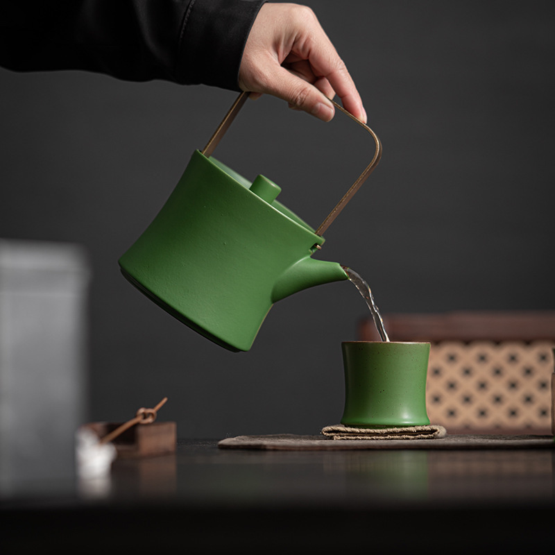 陶瓷茶壶套装简约家用轻奢小一壶六杯全套茶杯粗陶青竹山水提梁壶