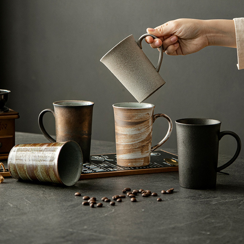 日式粗陶咖啡杯复古大容量马克杯家用办公室小众设计陶瓷水杯跨境