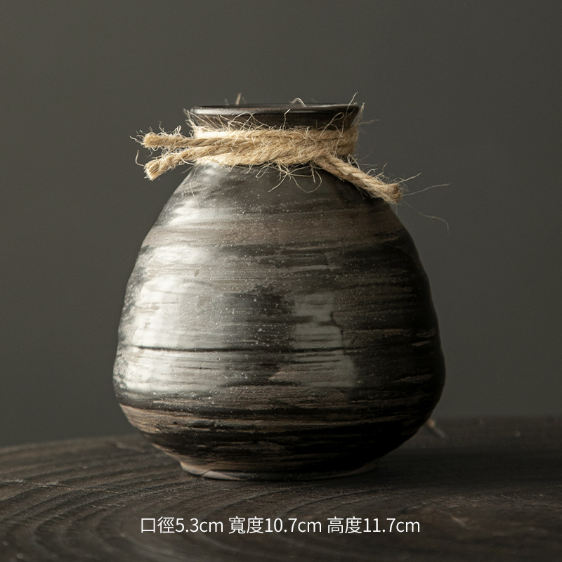 禅意复古粗陶手工日式陶瓷花瓶花器干花轻奢民宿酒店茶几客厅摆件