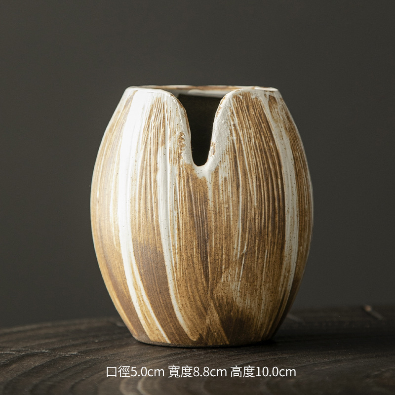 禅意复古粗陶手工日式陶瓷花瓶花器干花轻奢民宿酒店茶几客厅摆件