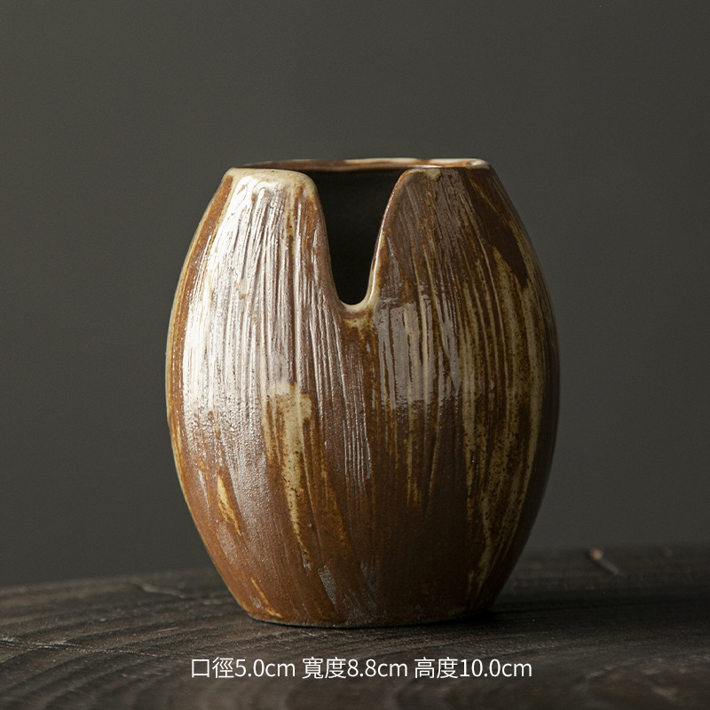 禅意复古粗陶手工日式陶瓷花瓶花器干花轻奢民宿酒店茶几客厅摆件