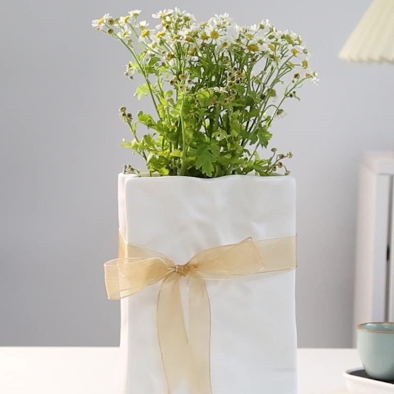 干花 白色褶皱高颜值纸袋陶瓷花瓶鲜花水养桌面客厅家居摆件装饰
