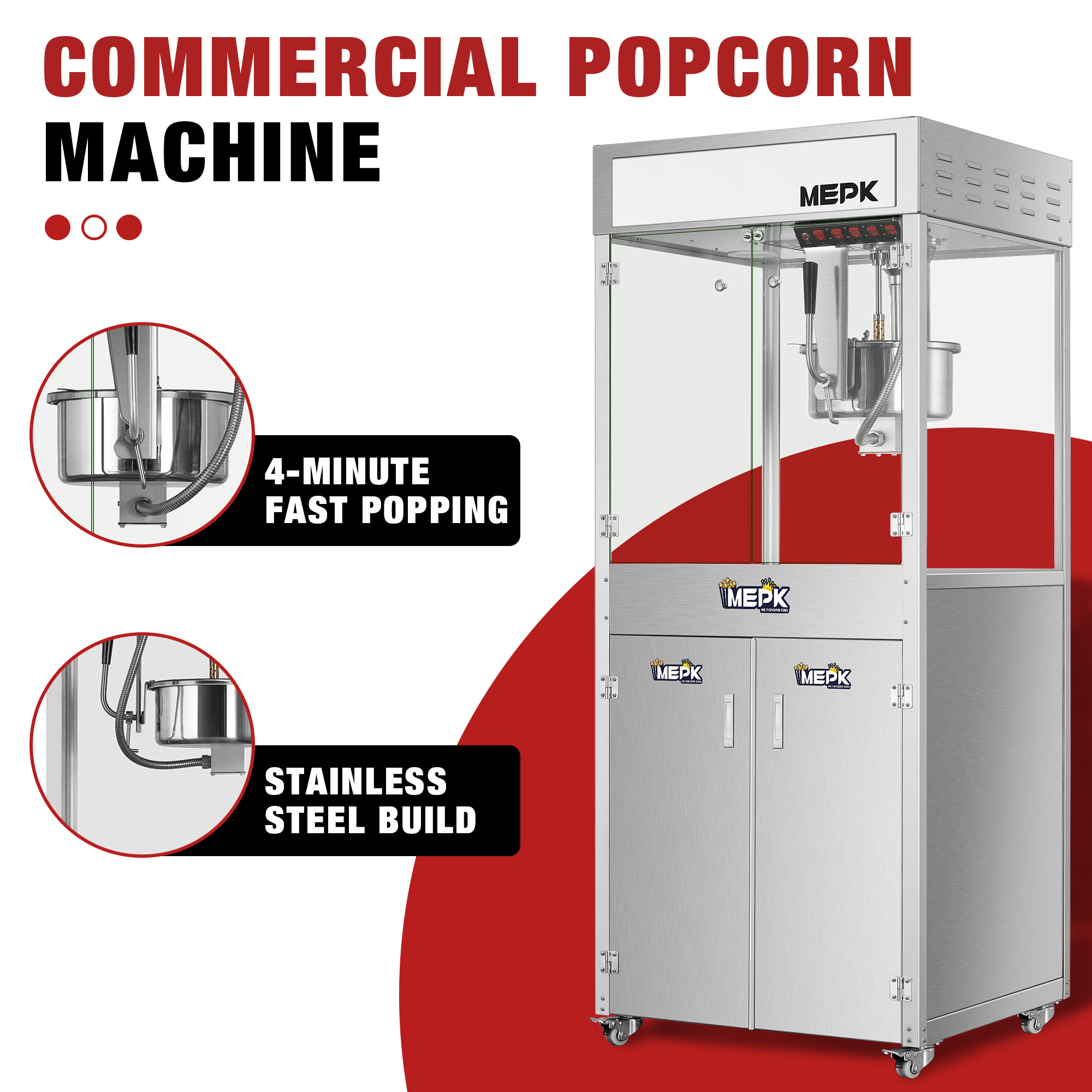 Model BR-3325 is a commercial popcorn machine with dual temperature control