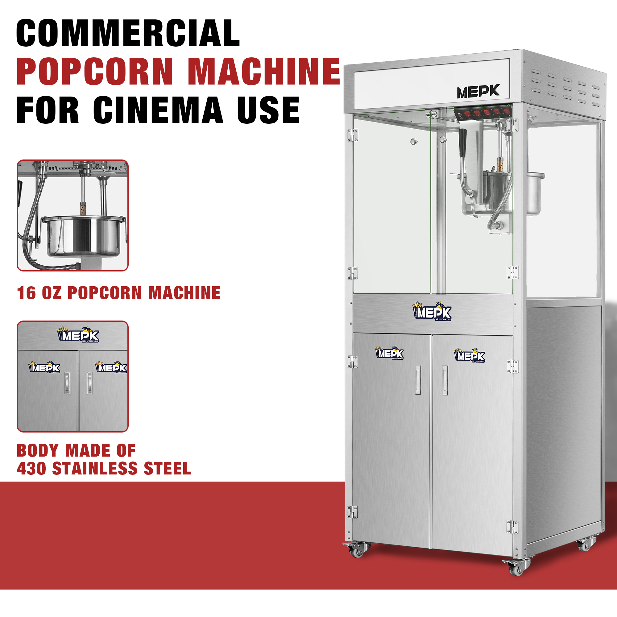 Model BR-3325 is a commercial popcorn machine with dual temperature control