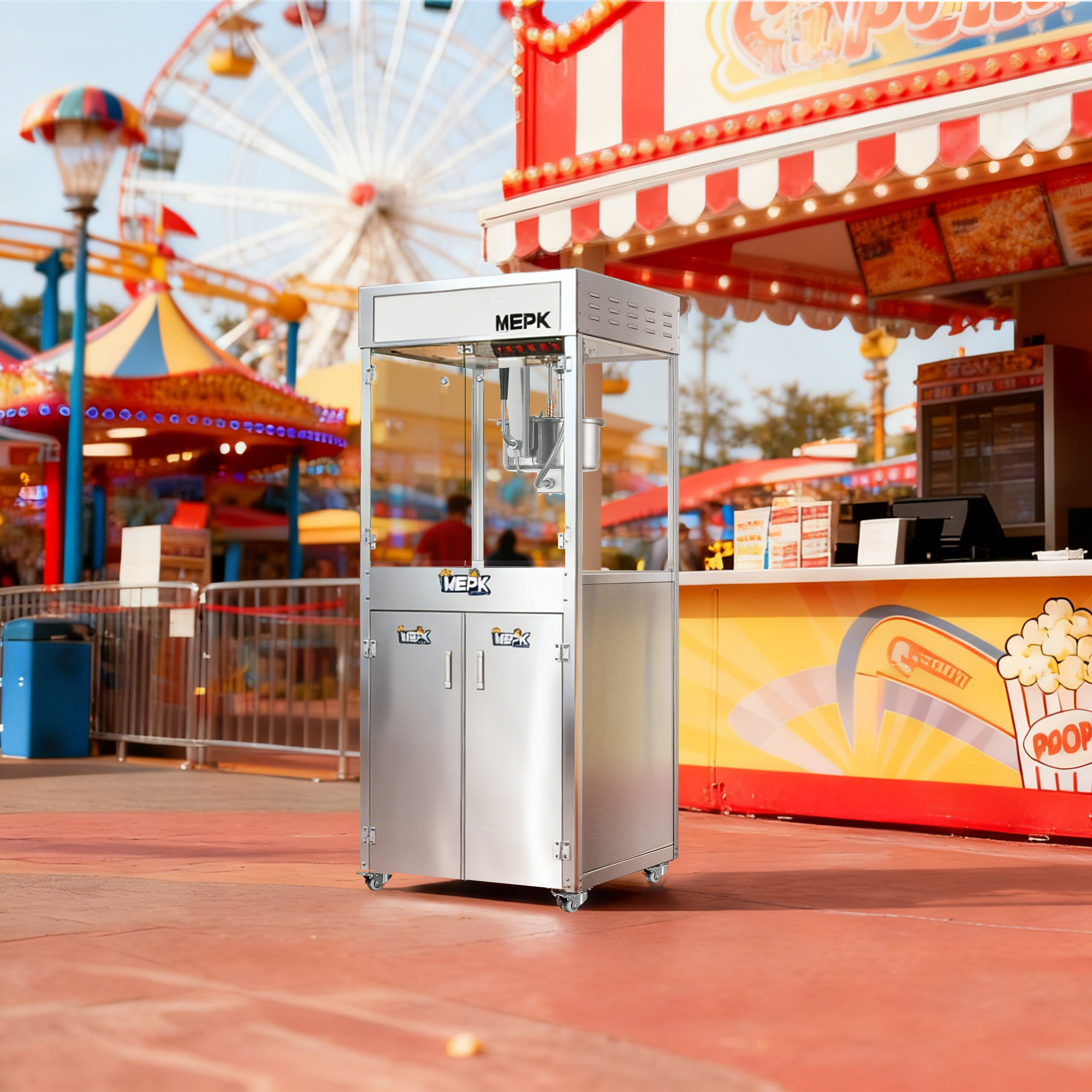 Model BR-3325 is a commercial popcorn machine with dual temperature control