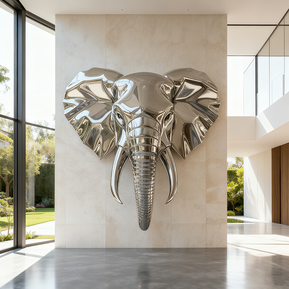 Modern Mirror Polished Stainless Steel Elephant Head Wall Sculpture