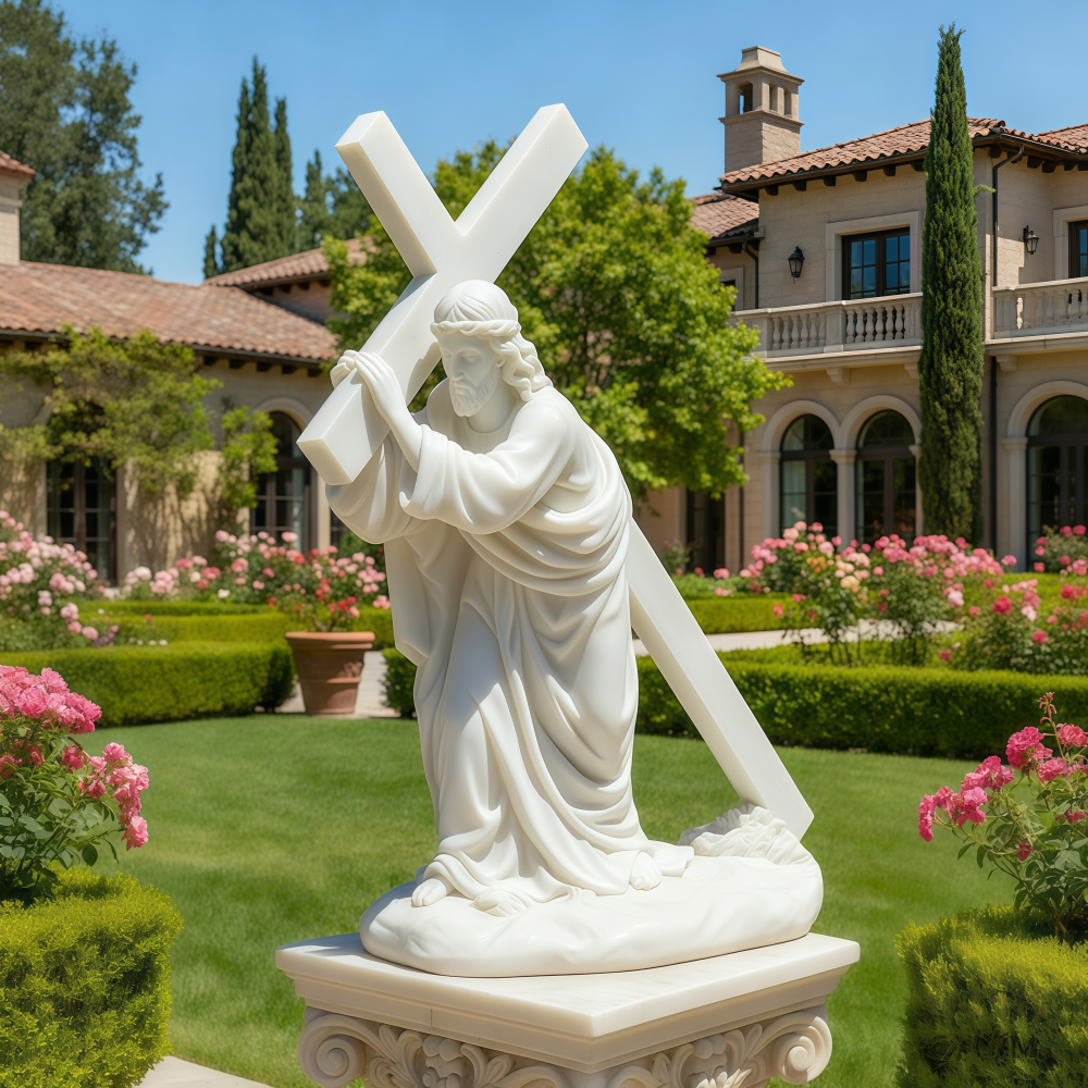 PREMIUM Jesus Cross Statue Religious Figure Marble Statue Decor for Home Church Office