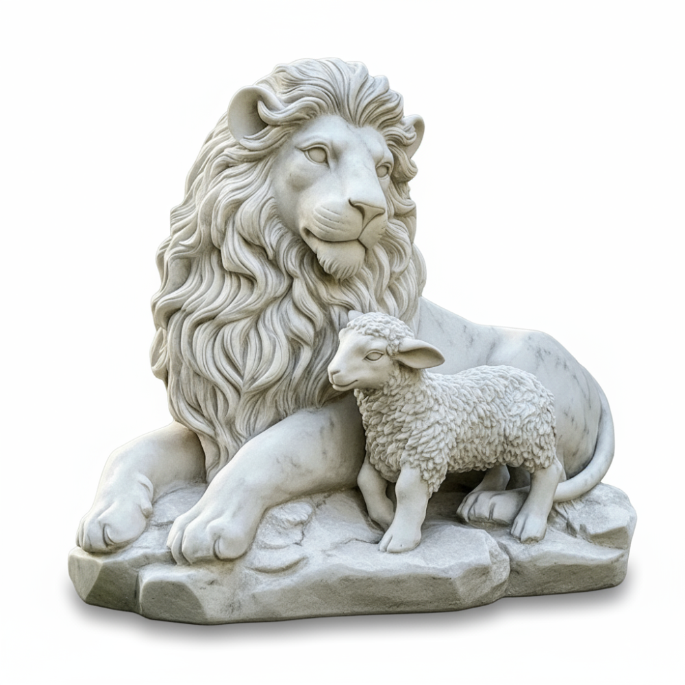 PREMIUM Lion and Lamb white marble sculpture