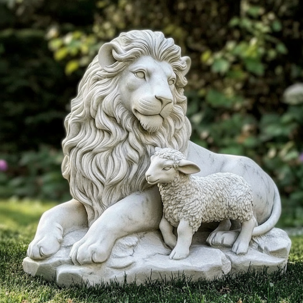 PREMIUM Lion and Lamb white marble sculpture