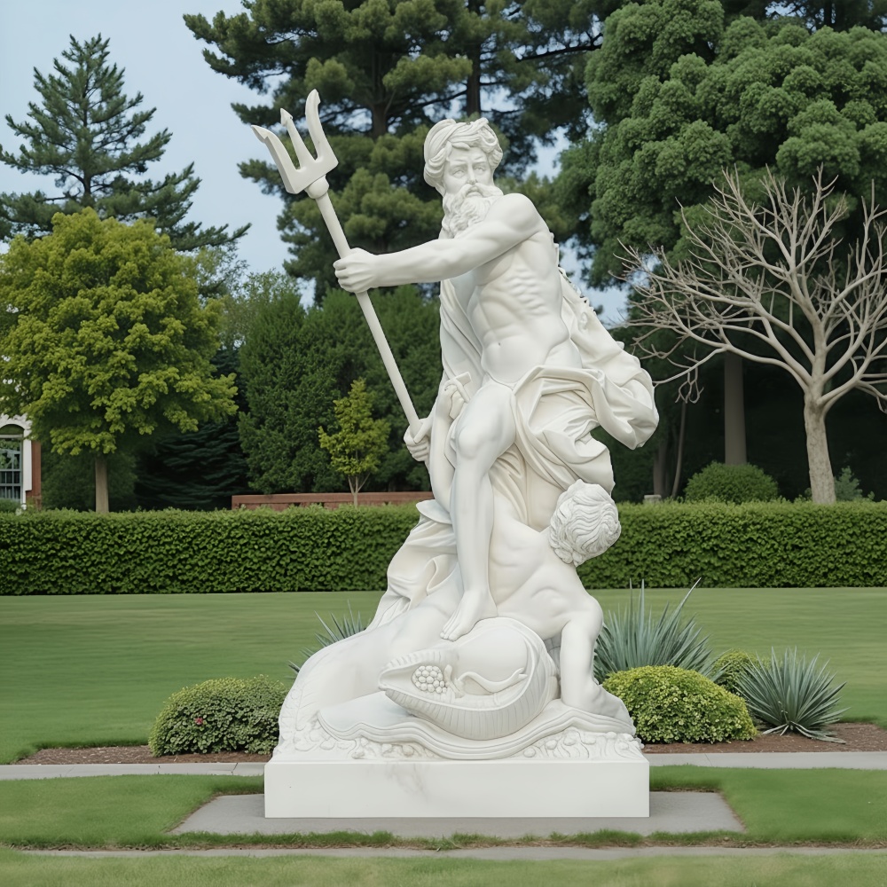 PREMIUM White Marble Poseidon Statue Garden Decor Sculpture