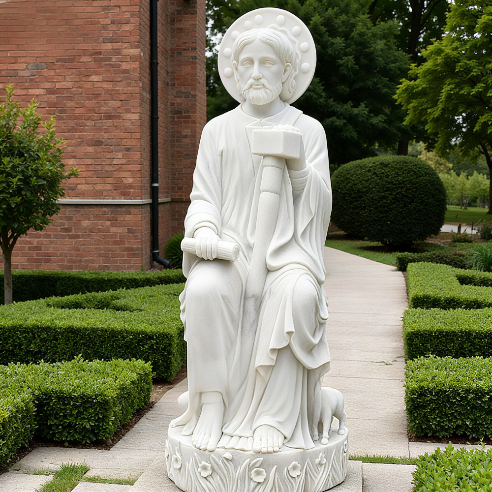 PREMIUM White marble sculpture of religious saint in garden outdoor