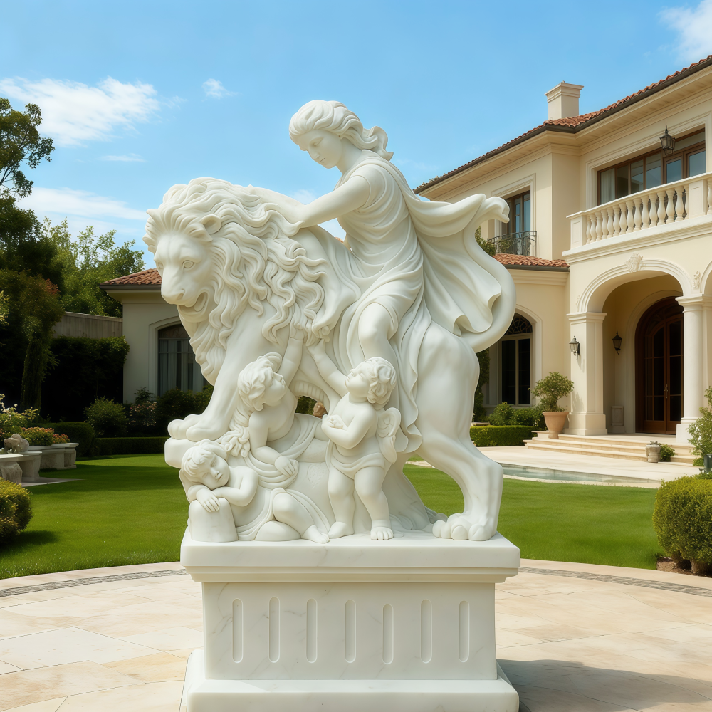 PREMIUM Greek Marble Goddess Riding Lion Statue Garden Sculpture