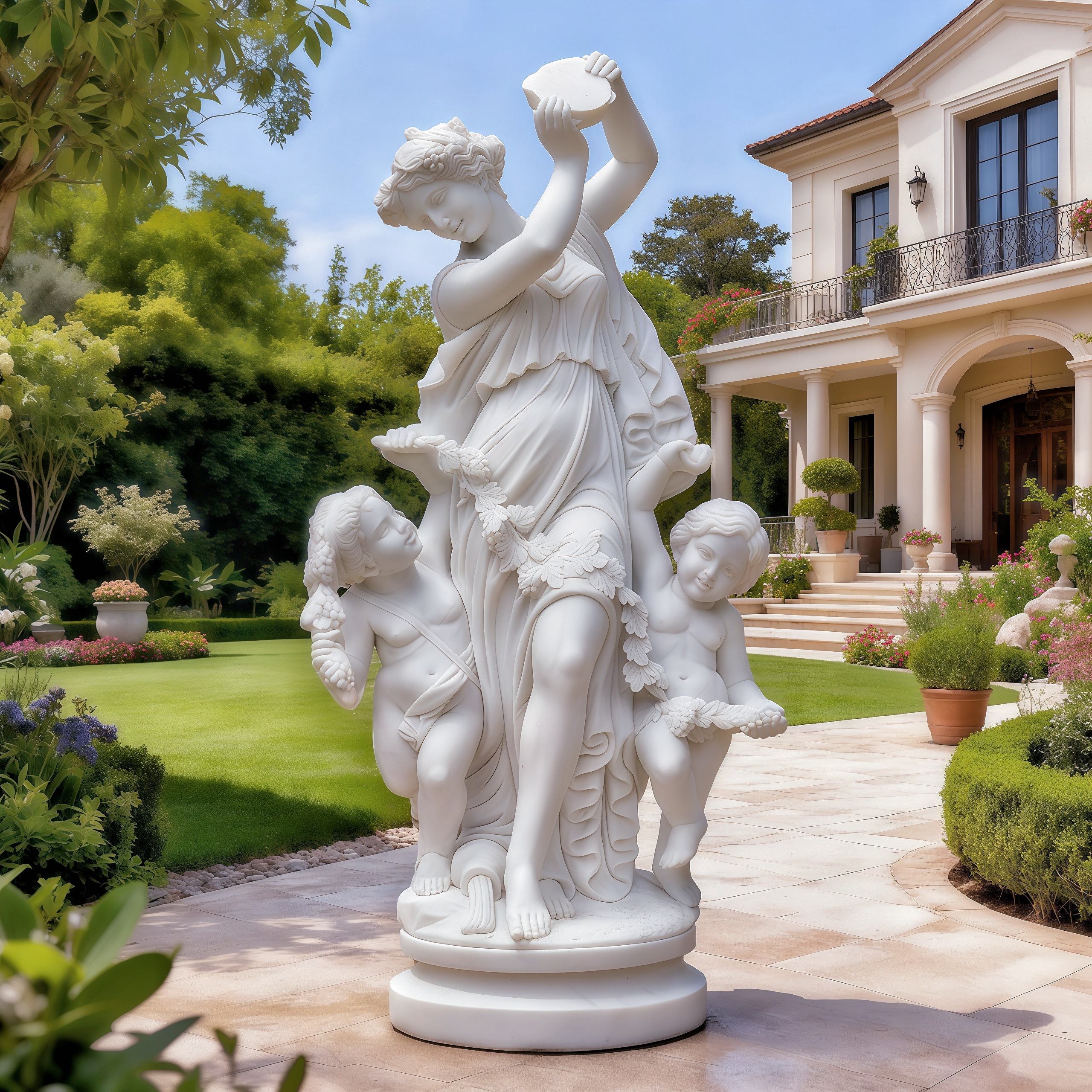 PREMIUM Garden Sculpture Hand Carved White Marble Woman with Child Statue