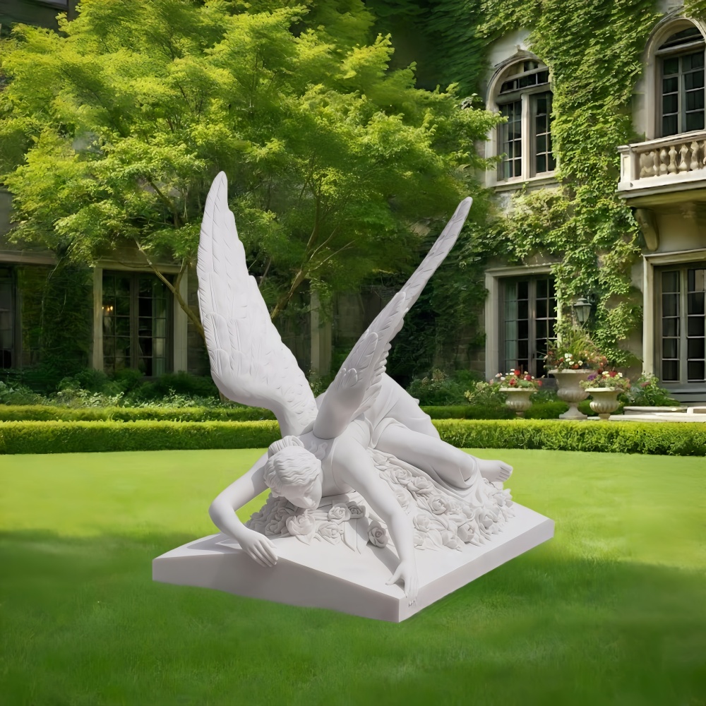 PREMIUM Custom Sculpture White Marble Fallen Angel Garden Memorial Statue